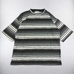 Vintage 90s Impact T Shirt Mens XL Black Gray White Striped Short Sleeve USA